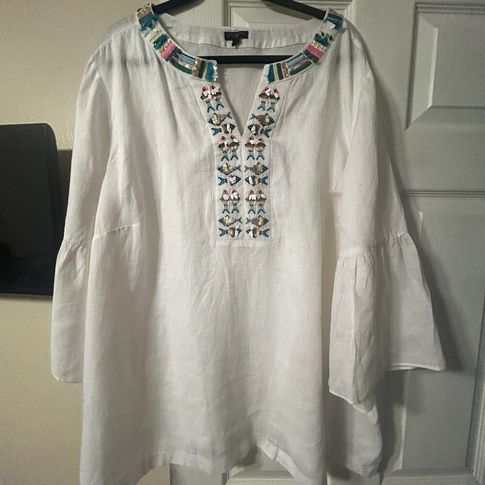 TALBOTS 100% Linen Fish Embellished 3/4 Sleeve Tunic Blouse Women’s Size 3X